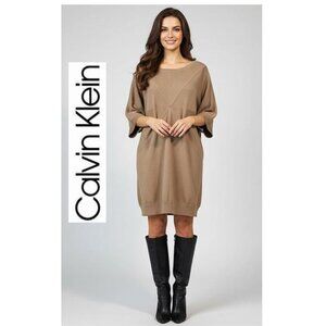 CALVIN KLEIN, Tan dolman sleeve knee length sweater dress
